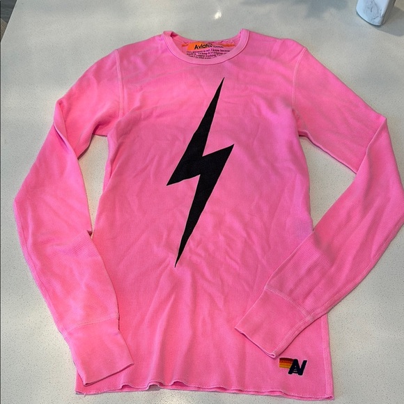 Aviator Nation Pink Long Sleeve Tee with Black Lightning Bolt - Picture 3 of 6